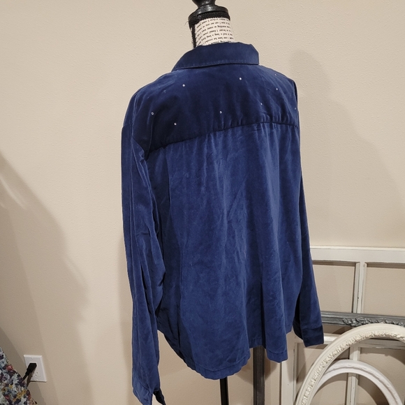 Quacker Factory Women's 2X Blue Velour Zip front jacket w/rhinestone trim - Picture 5 of 10